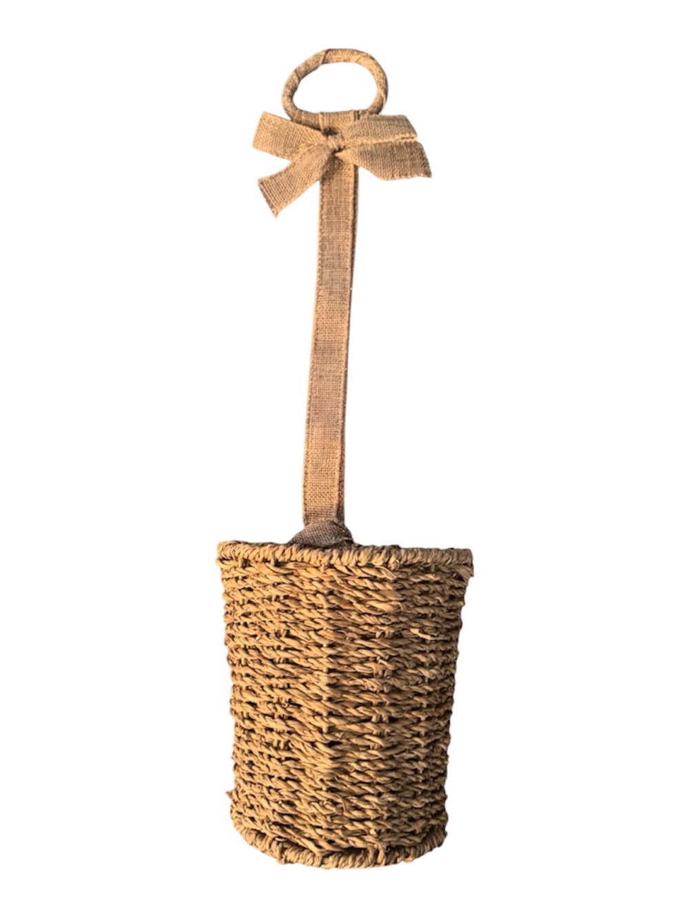 90’s Vintage Rustic Burlap Bow Hanging Woven Seagrass Basket for Flowers 19”